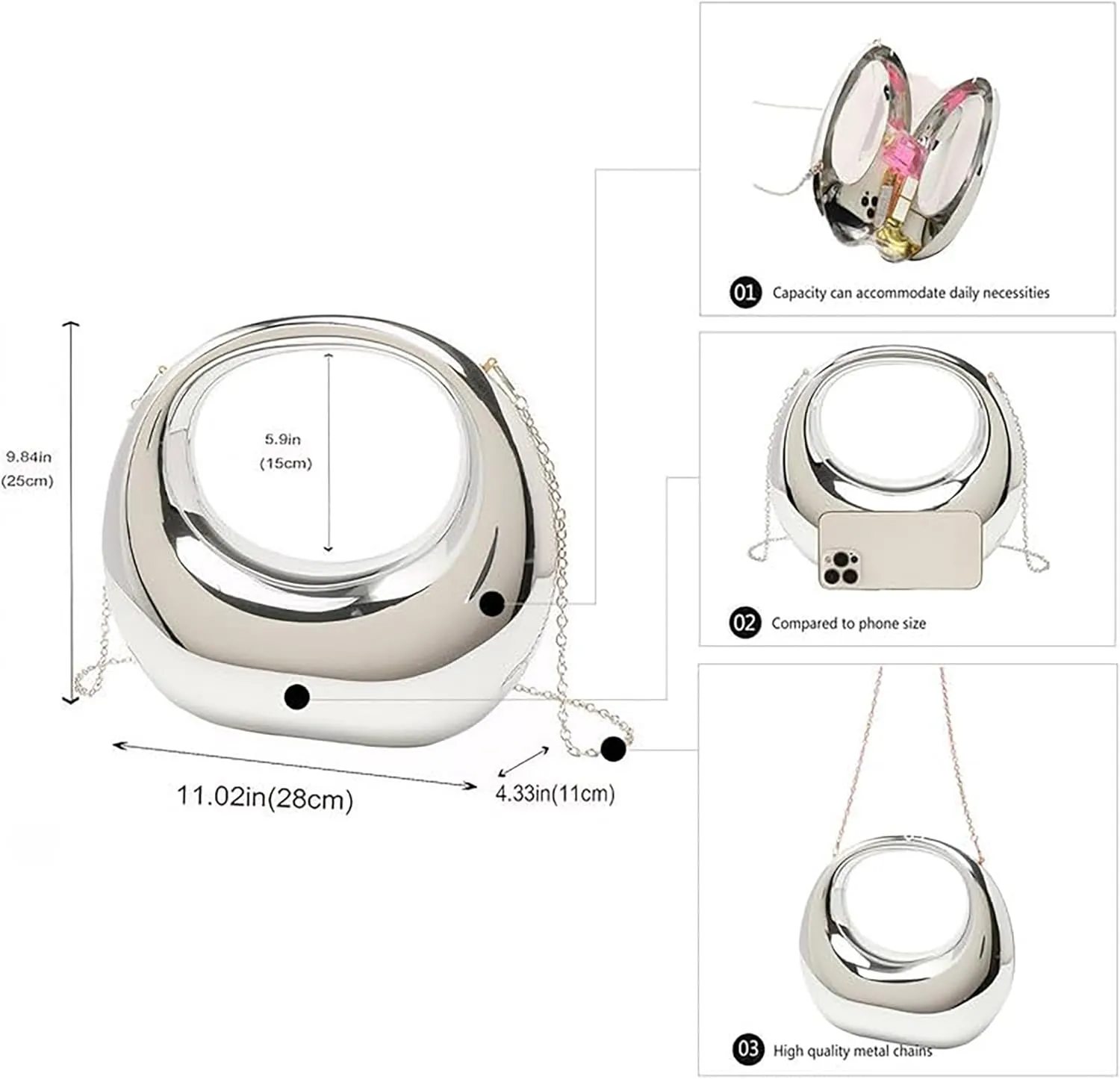 Women's Formal Acrylic Metallic Clutch Purses Wedding Guest Crescent Evening Bag with Chain