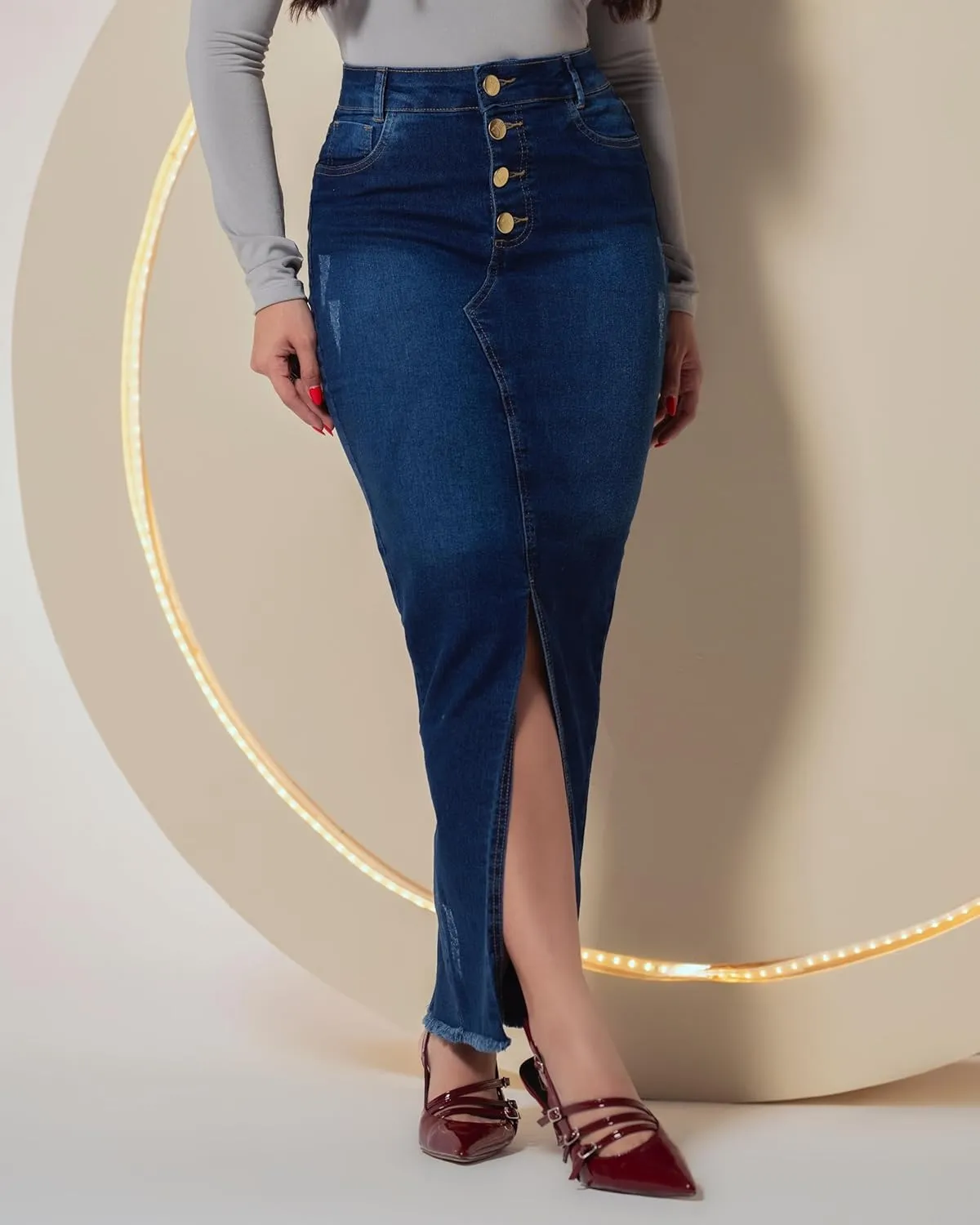 Women's High Waisted Denim Skirt Front Slit Casual Long Maxi Length Jean Regular and Plus Size - Paris Collection
