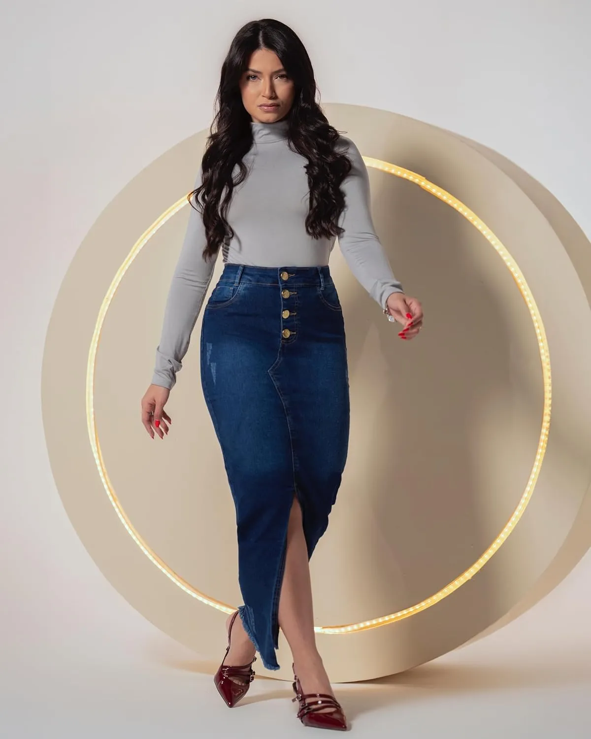 Women's High Waisted Denim Skirt Front Slit Casual Long Maxi Length Jean Regular and Plus Size - Paris Collection