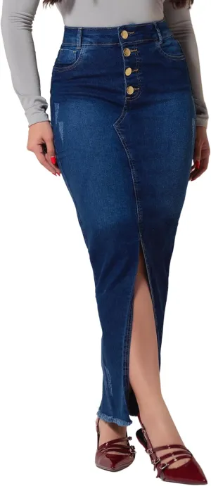 Women's High Waisted Denim Skirt Front Slit Casual Long Maxi Length Jean Regular and Plus Size - Paris Collection