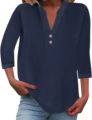 Womens Linen Shirts 3/4 Length Sleeve Casual Dressy Blouses Lightweight Gauze Boho Beach T Shirts Loose Tunic Tops