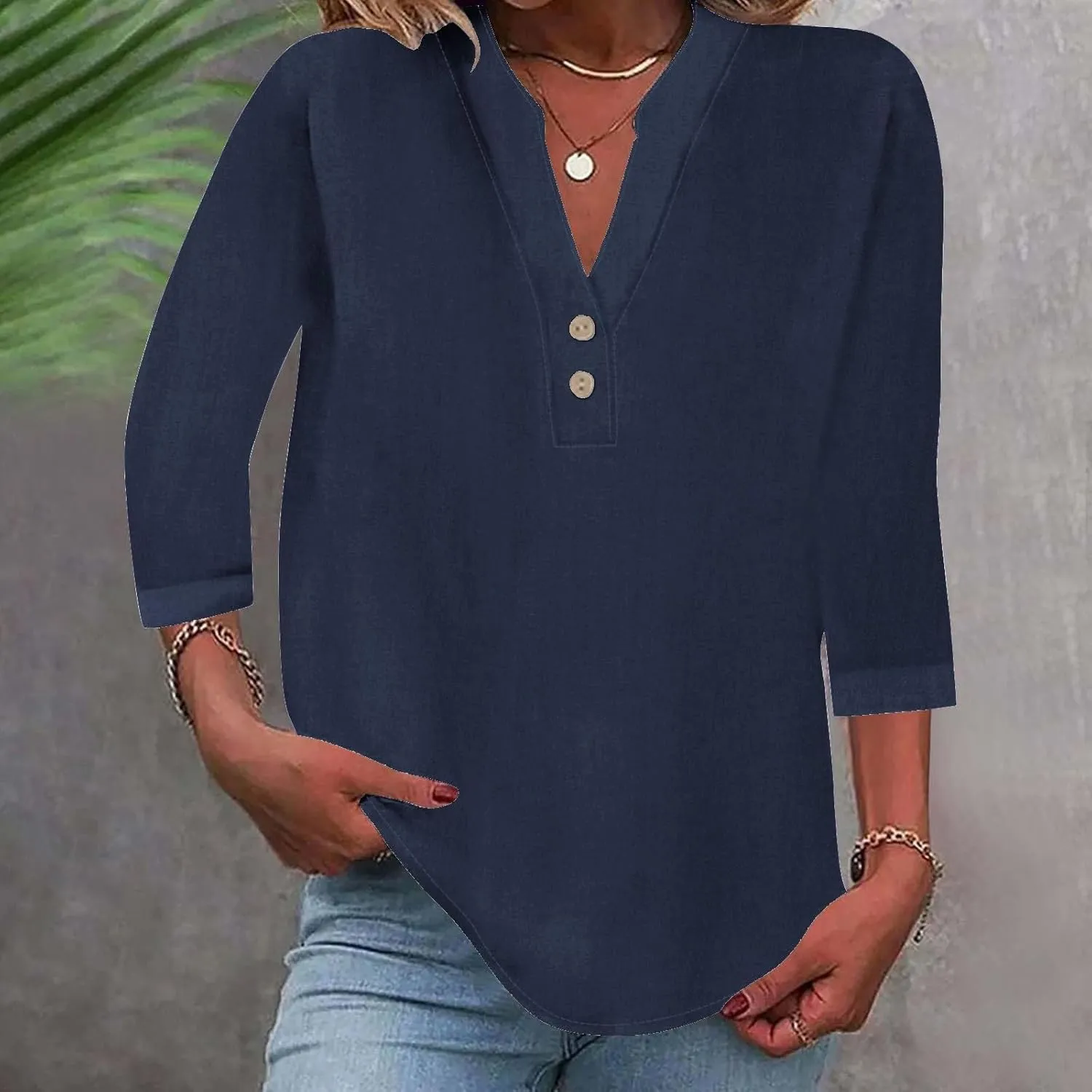 Womens Linen Shirts 3/4 Length Sleeve Casual Dressy Blouses Lightweight Gauze Boho Beach T Shirts Loose Tunic Tops