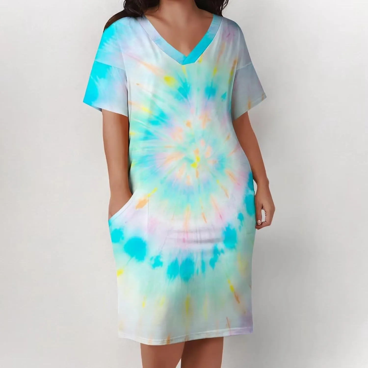 Women's Plus Size Dress Summer Curvy Casual Tie-Dye Short Sleeve V-Neck T Shirt Loose Midi Dresses