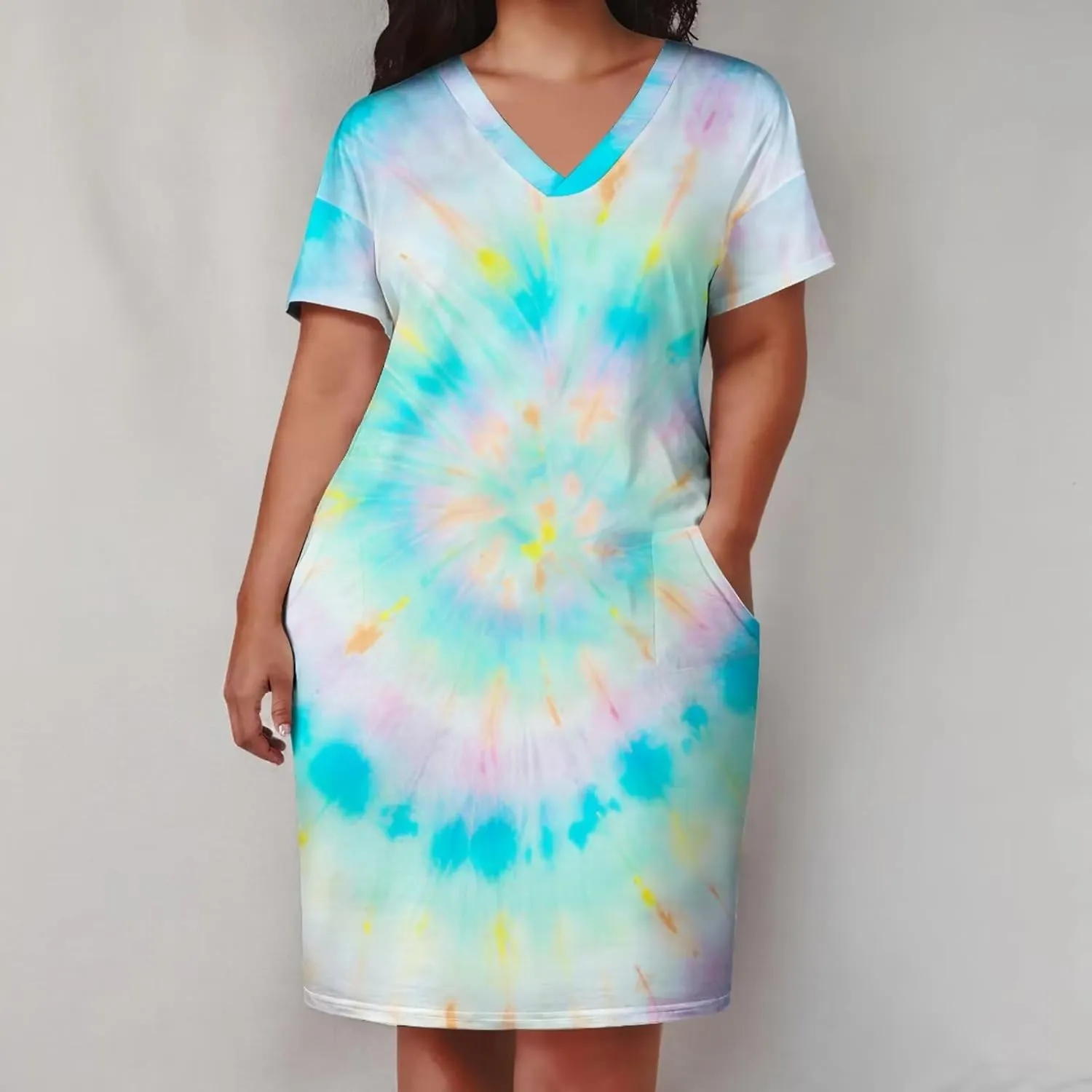 Women's Plus Size Dress Summer Curvy Casual Tie-Dye Short Sleeve V-Neck T Shirt Loose Midi Dresses