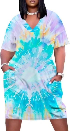 Women's Plus Size Dress Summer Curvy Casual Tie-Dye Short Sleeve V-Neck T Shirt Loose Midi Dresses