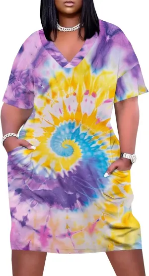 Women's Plus Size Dress Summer Curvy Casual Tie-Dye Short Sleeve V-Neck T Shirt Loose Midi Dresses
