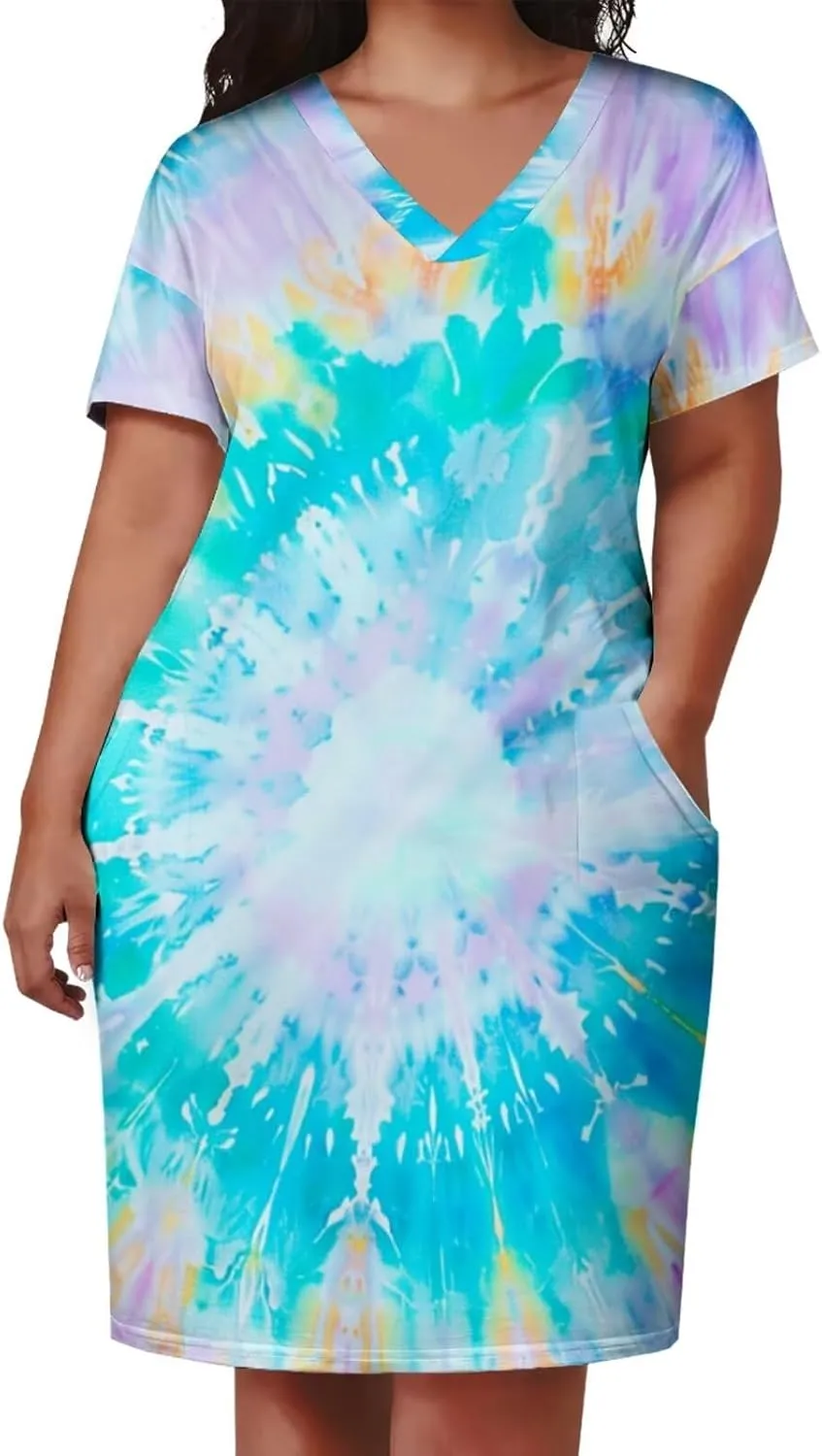 Women's Plus Size Dress Summer Curvy Casual Tie-Dye Short Sleeve V-Neck T Shirt Loose Midi Dresses