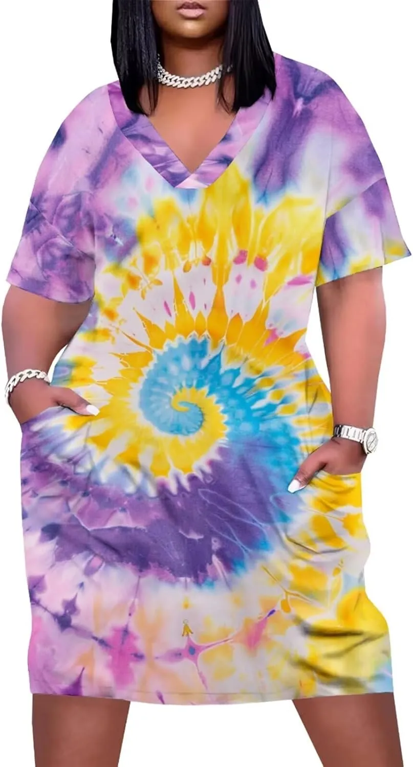 Women's Plus Size Dress Summer Curvy Casual Tie-Dye Short Sleeve V-Neck T Shirt Loose Midi Dresses