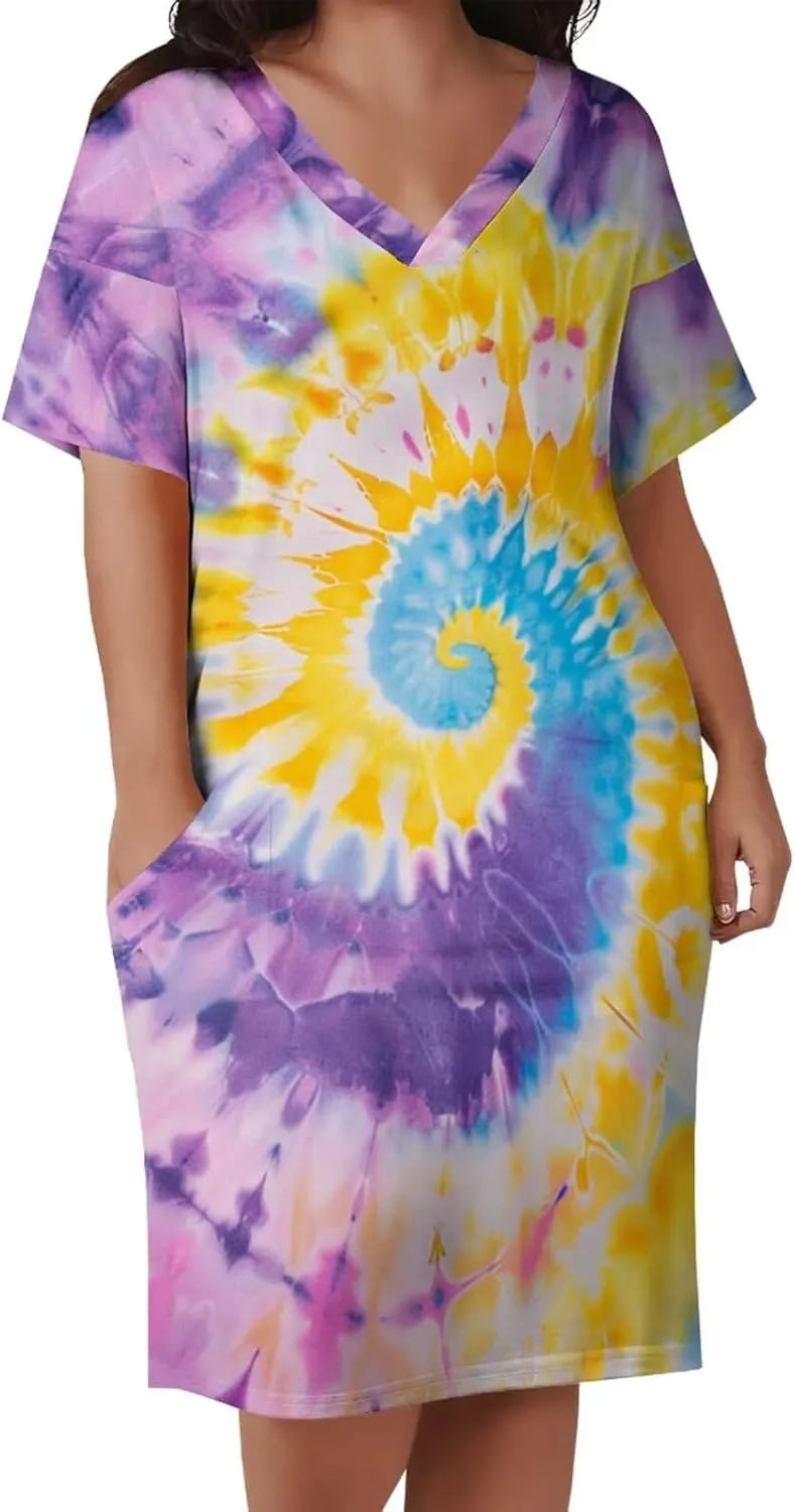 Women's Plus Size Dress Summer Curvy Casual Tie-Dye Short Sleeve V-Neck T Shirt Loose Midi Dresses