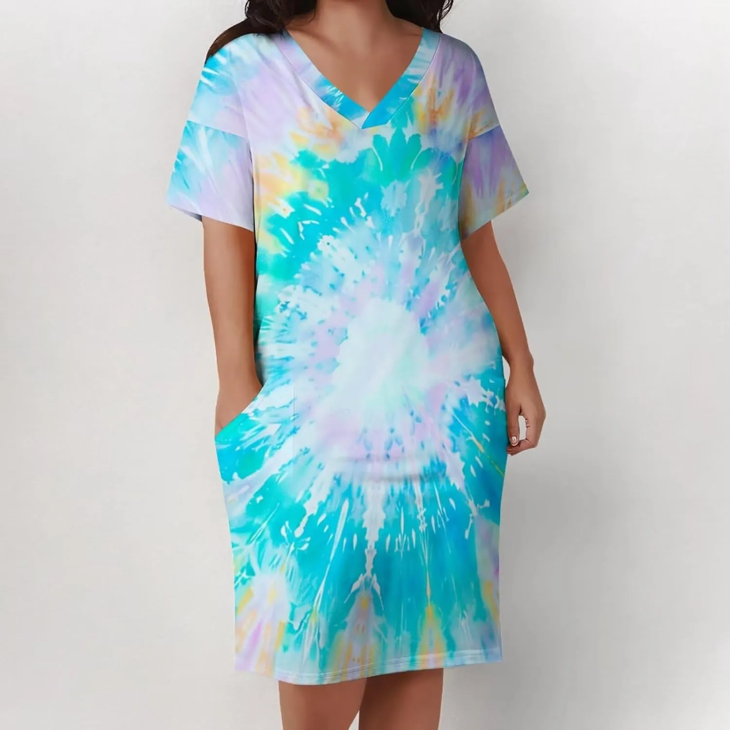 Women's Plus Size Dress Summer Curvy Casual Tie-Dye Short Sleeve V-Neck T Shirt Loose Midi Dresses