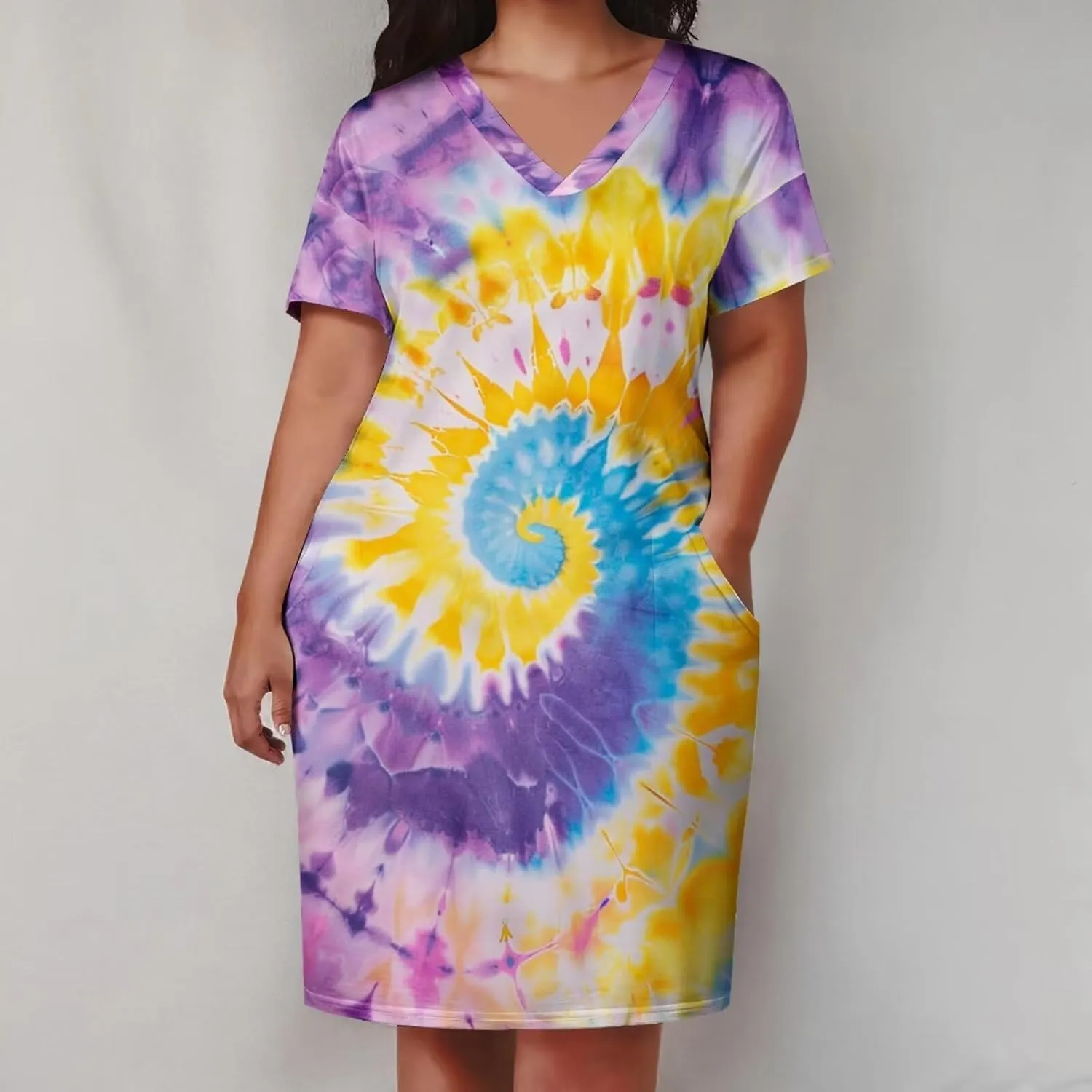 Women's Plus Size Dress Summer Curvy Casual Tie-Dye Short Sleeve V-Neck T Shirt Loose Midi Dresses
