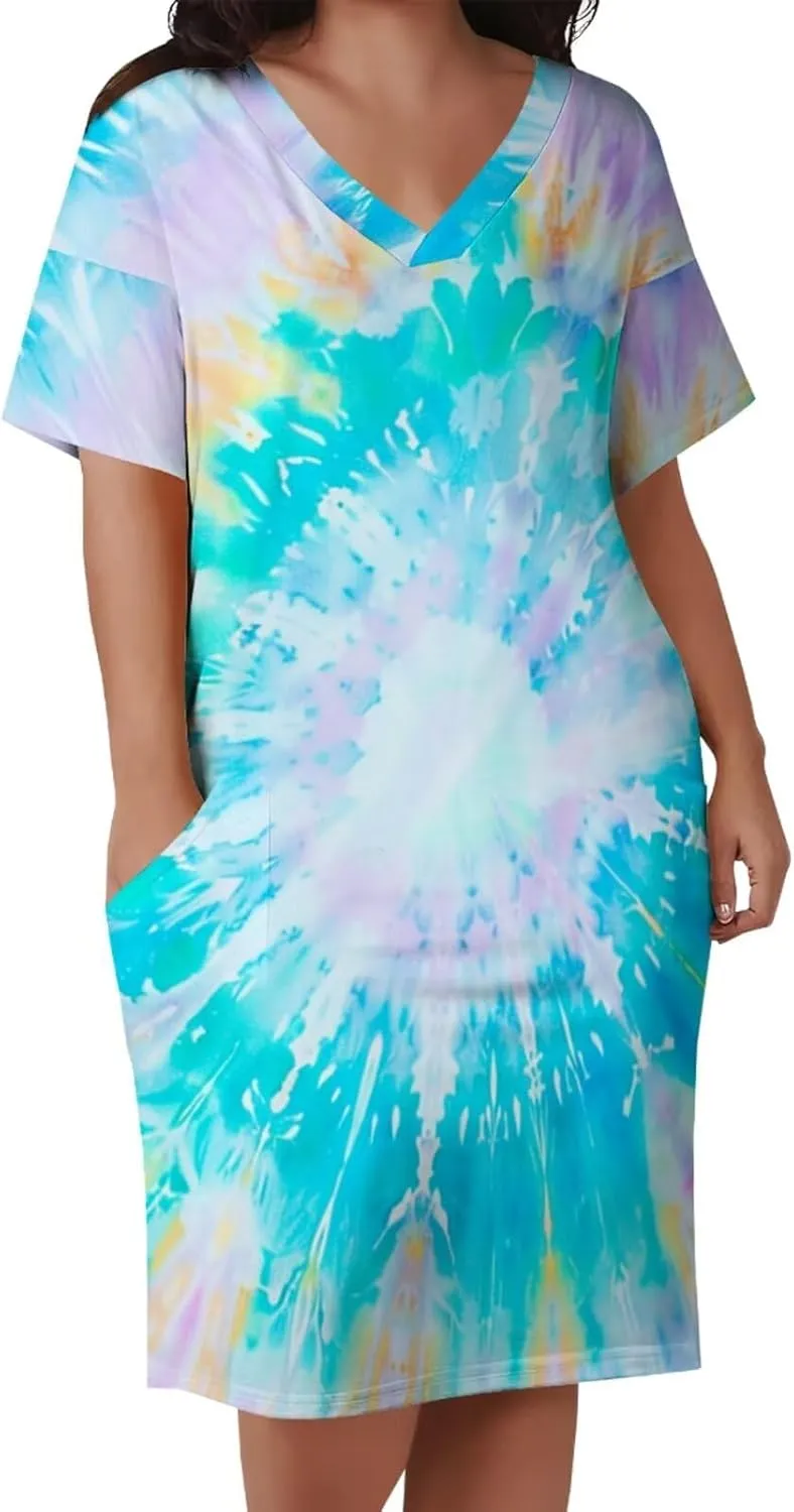 Women's Plus Size Dress Summer Curvy Casual Tie-Dye Short Sleeve V-Neck T Shirt Loose Midi Dresses