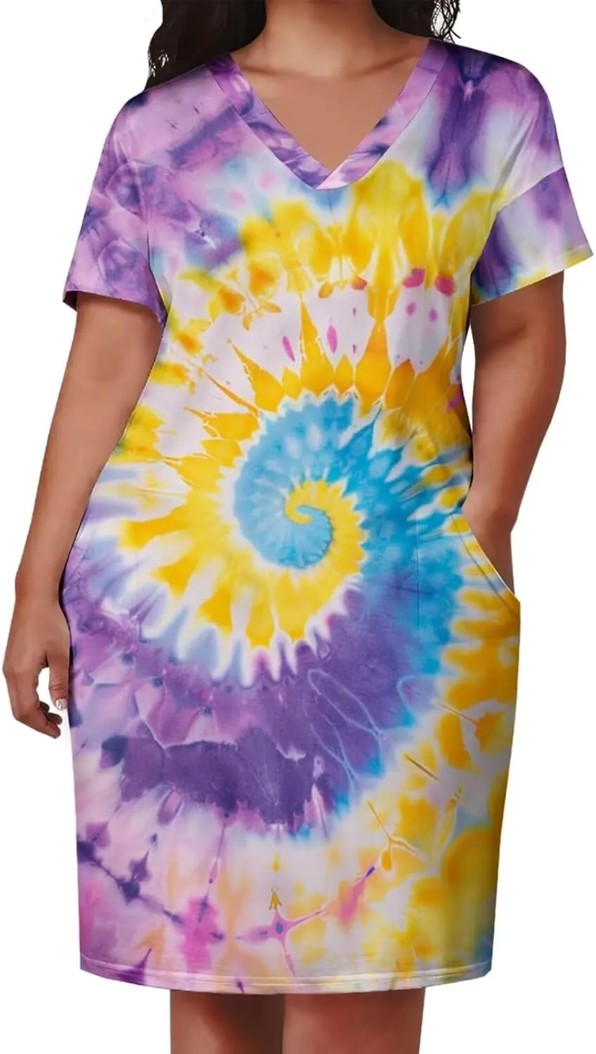 Women's Plus Size Dress Summer Curvy Casual Tie-Dye Short Sleeve V-Neck T Shirt Loose Midi Dresses