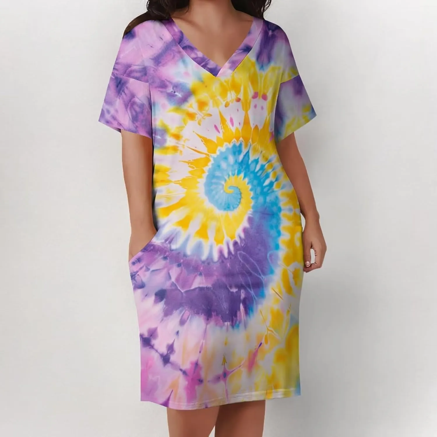 Women's Plus Size Dress Summer Curvy Casual Tie-Dye Short Sleeve V-Neck T Shirt Loose Midi Dresses