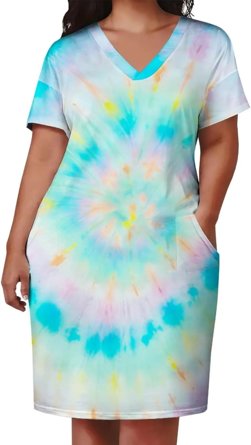 Women's Plus Size Dress Summer Curvy Casual Tie-Dye Short Sleeve V-Neck T Shirt Loose Midi Dresses