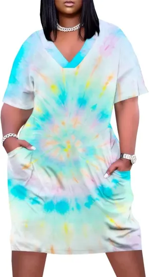 Women's Plus Size Dress Summer Curvy Casual Tie-Dye Short Sleeve V-Neck T Shirt Loose Midi Dresses