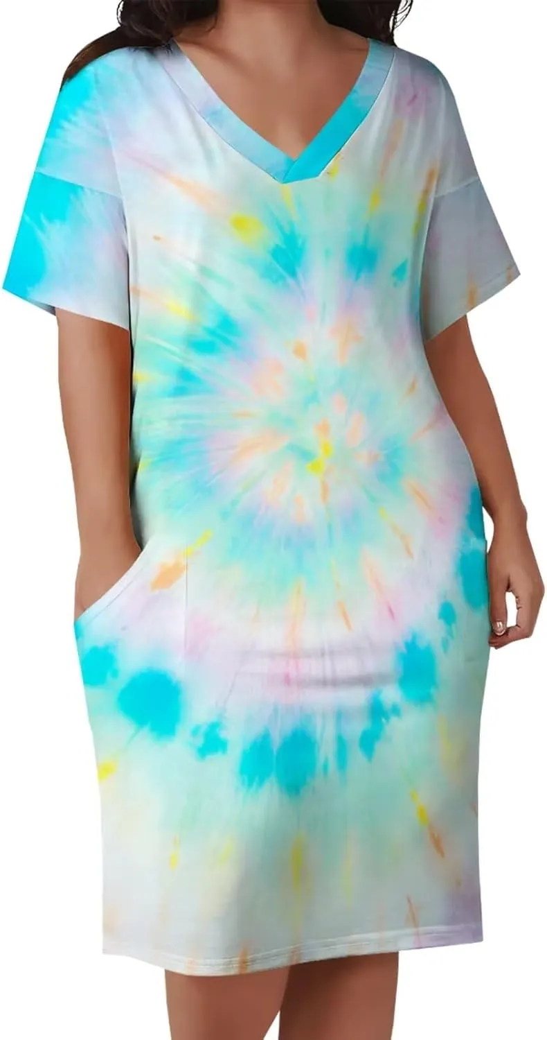 Women's Plus Size Dress Summer Curvy Casual Tie-Dye Short Sleeve V-Neck T Shirt Loose Midi Dresses