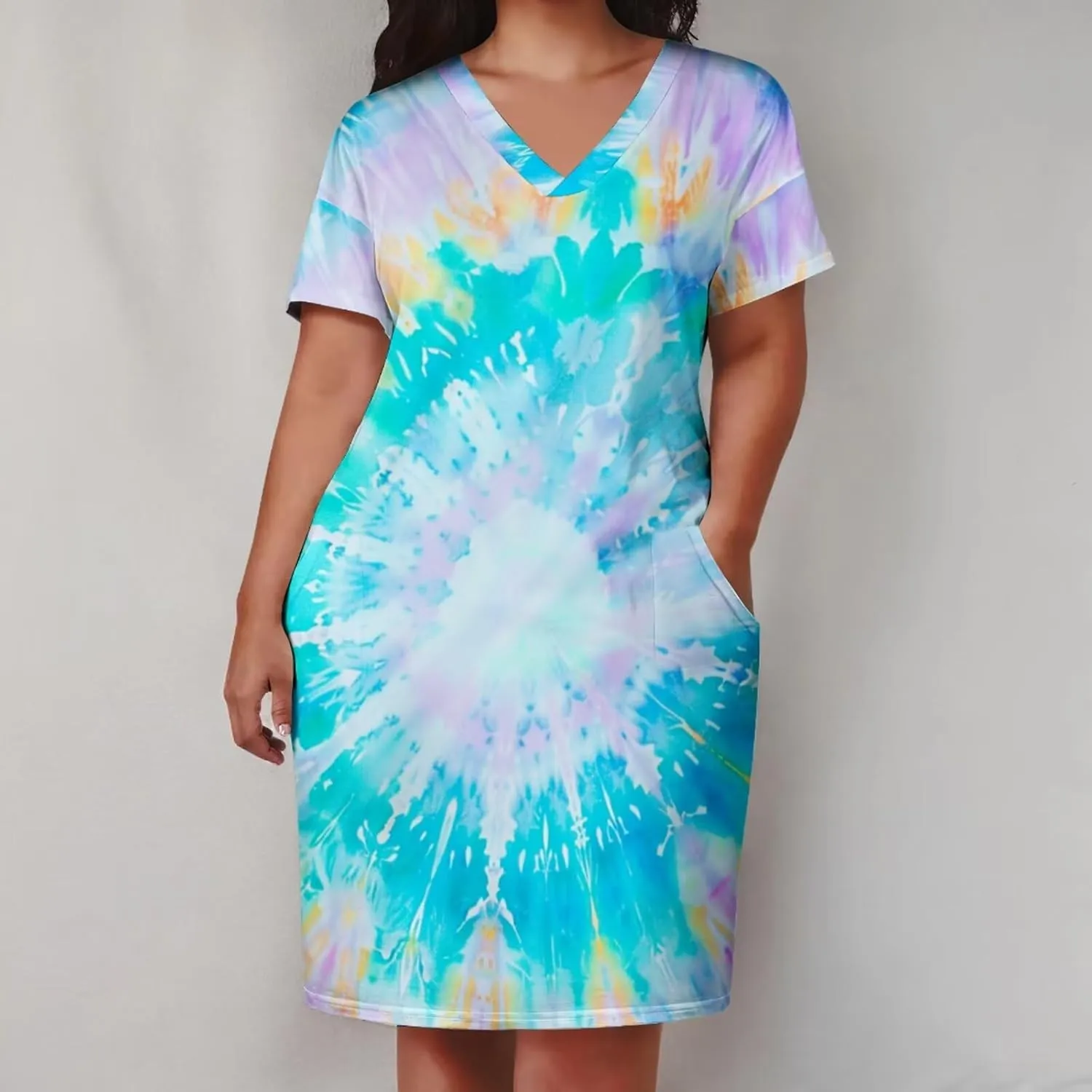 Women's Plus Size Dress Summer Curvy Casual Tie-Dye Short Sleeve V-Neck T Shirt Loose Midi Dresses