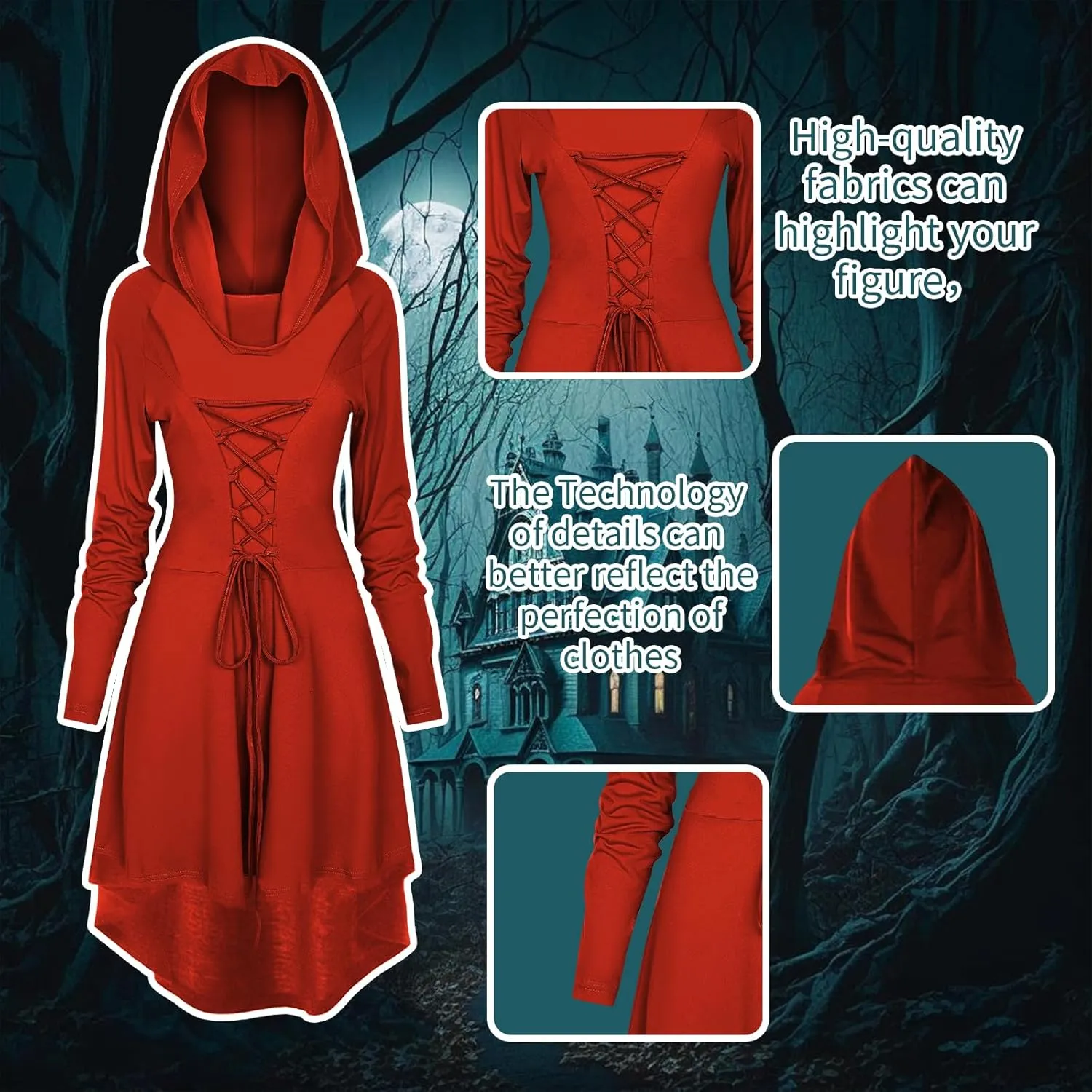 Womens Renaissance Costumes Halloween Costume for Womens Medieval Vintage Hooded Costume High Low Pullover Dress
