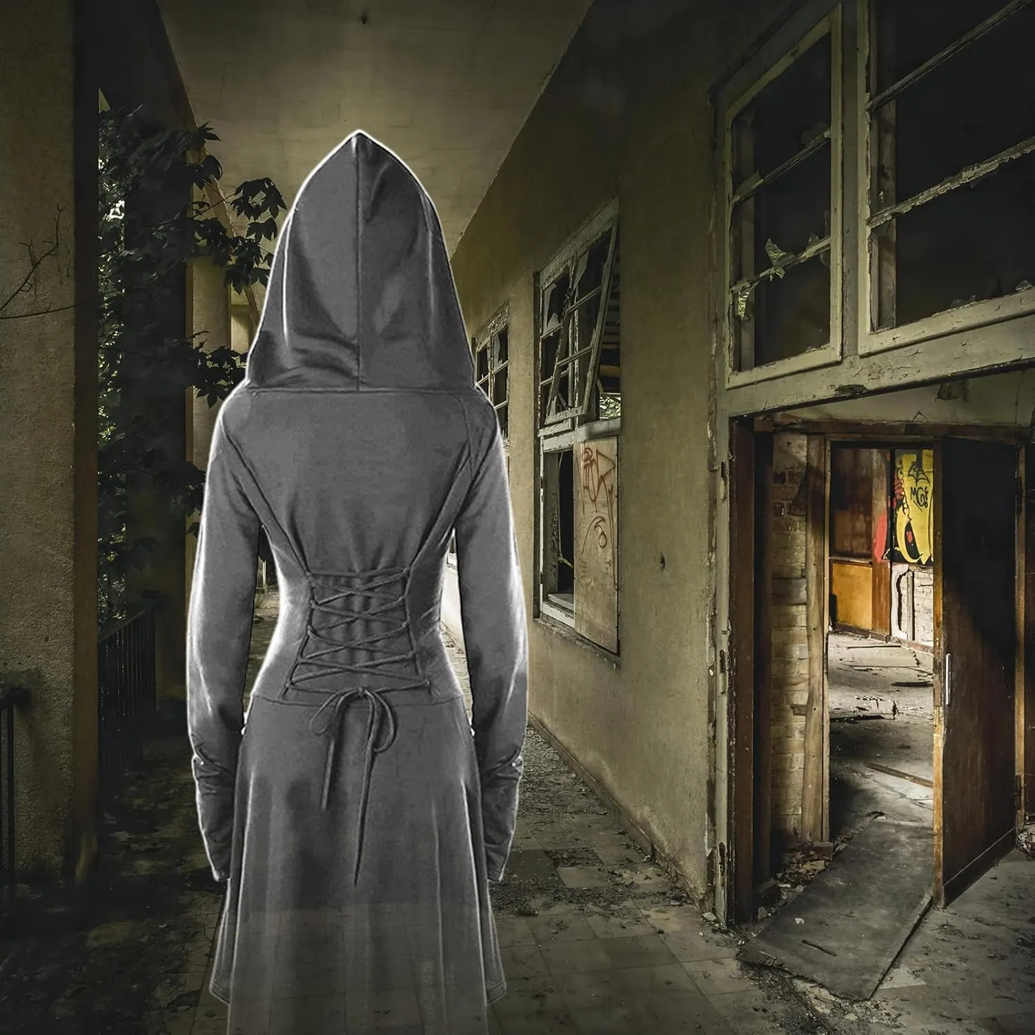 Womens Renaissance Costumes Hooded Robe Lace Up Renaissance Dress Women Halloween Vintage Medieval Cloak