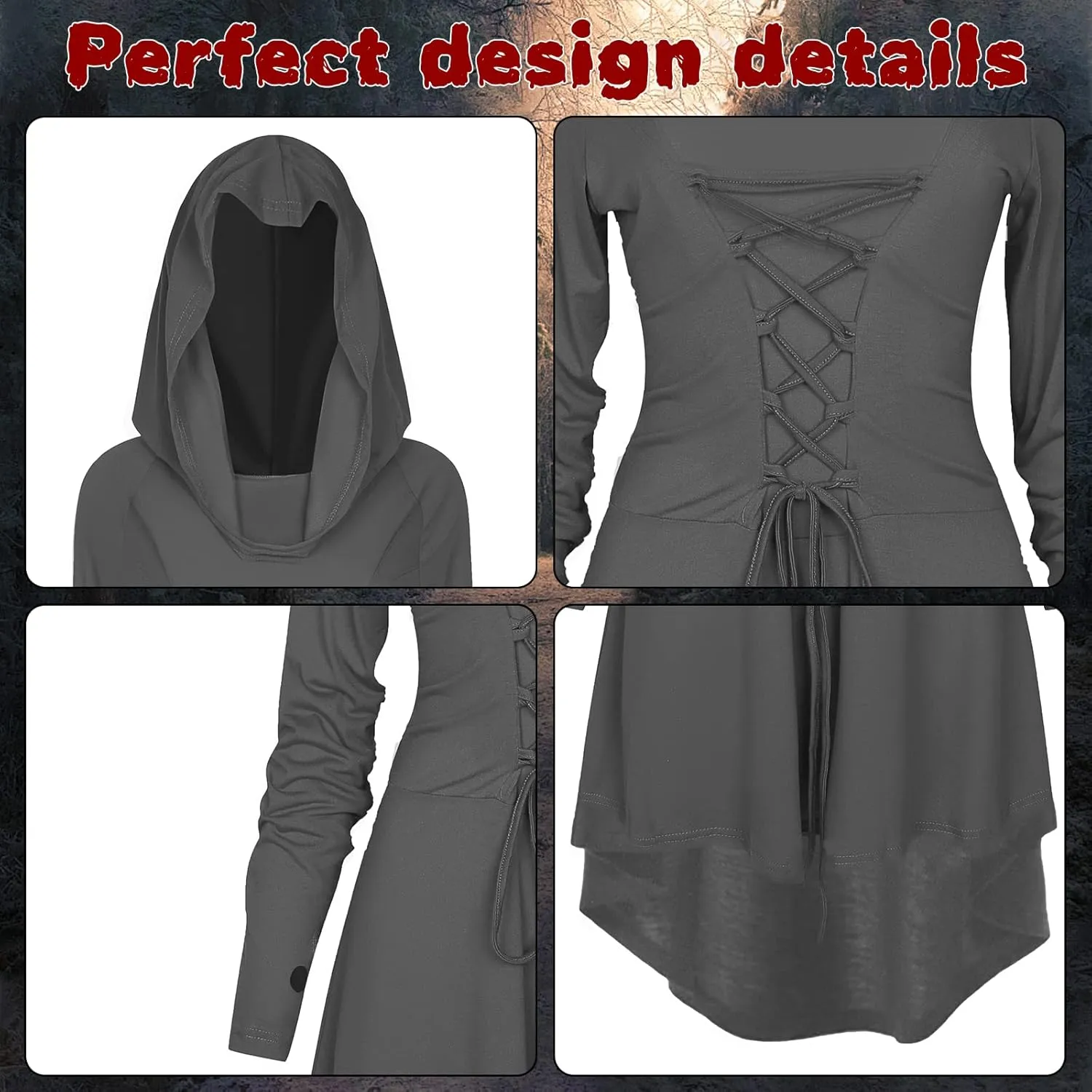 Womens Renaissance Costumes Hooded Robe Lace Up Renaissance Dress Women Halloween Vintage Medieval Cloak