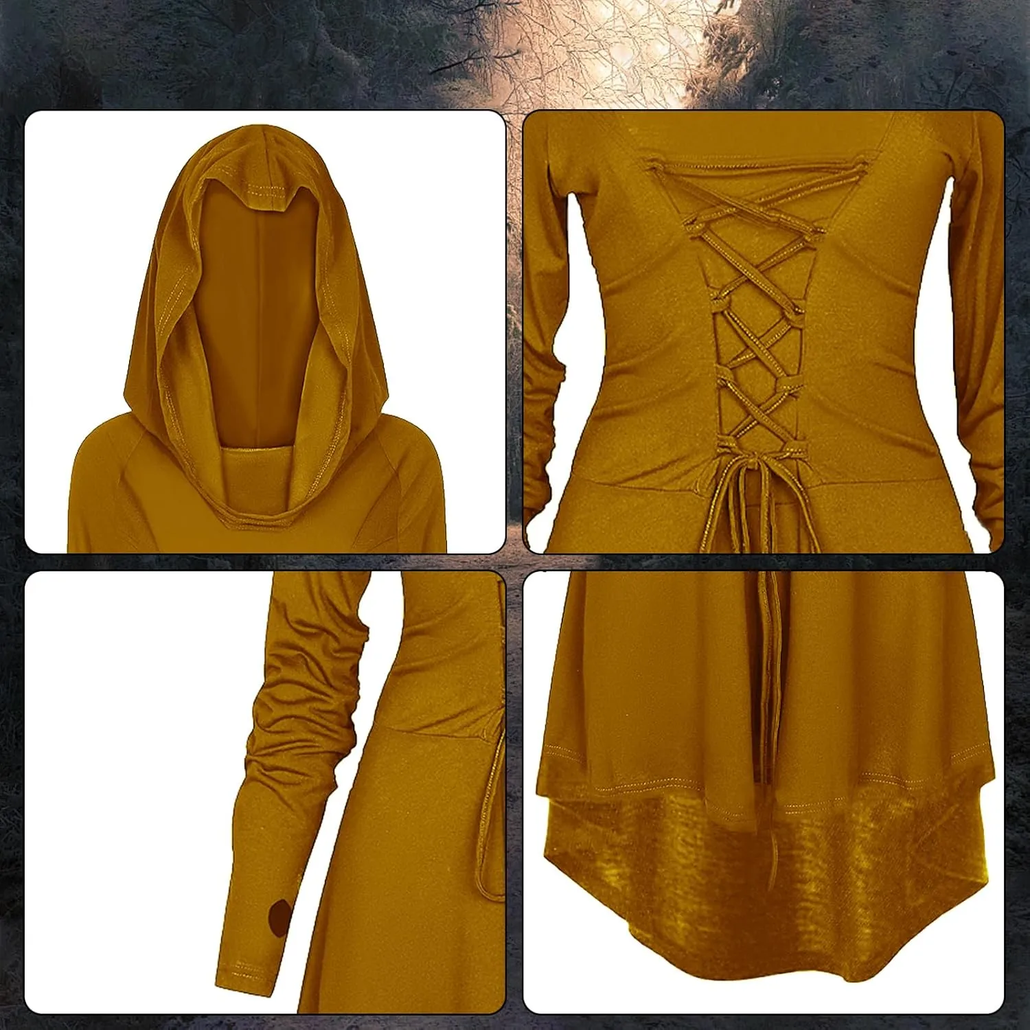 Womens Renaissance Costumes Hooded Robe Lace Up Renaissance Dress Women Halloween Vintage Medieval Cloak