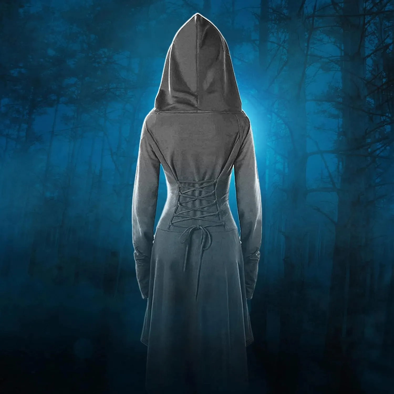 Womens Renaissance Costumes Hooded Robe Lace Up Renaissance Dress Women Halloween Vintage Medieval Cloak