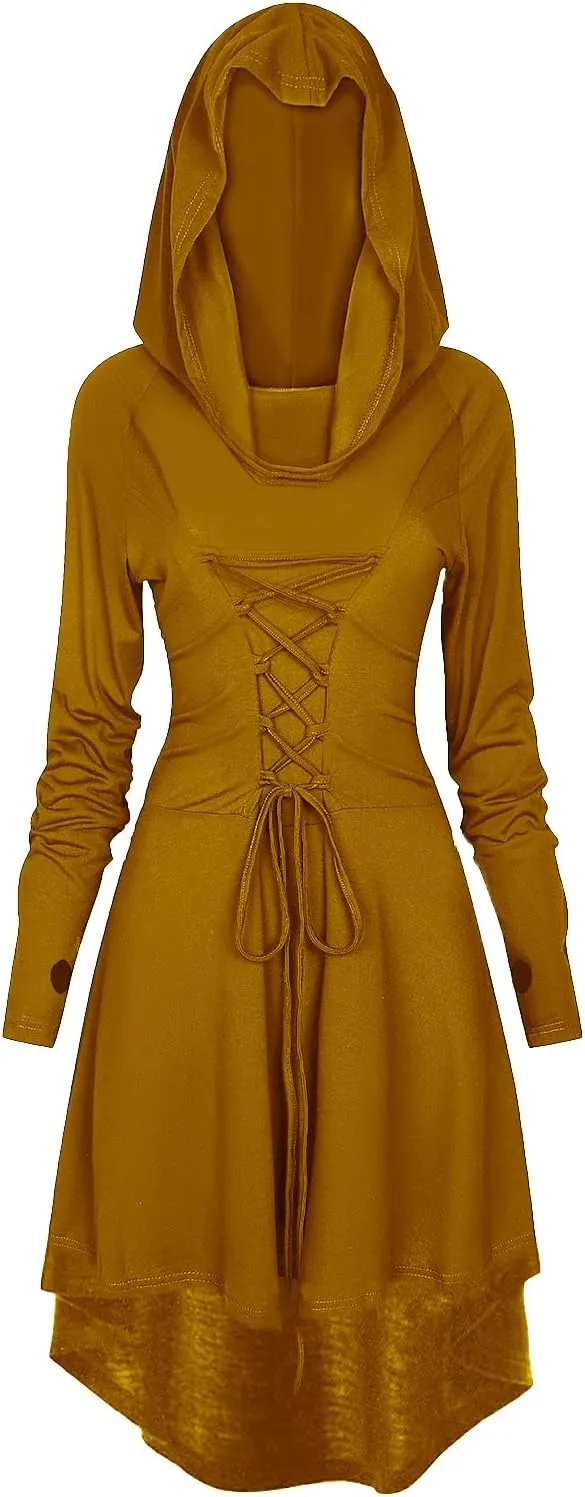 Womens Renaissance Costumes Hooded Robe Lace Up Renaissance Dress Women Halloween Vintage Medieval Cloak