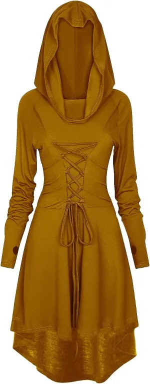 Womens Renaissance Costumes Hooded Robe Lace Up Renaissance Dress Women Halloween Vintage Medieval Cloak