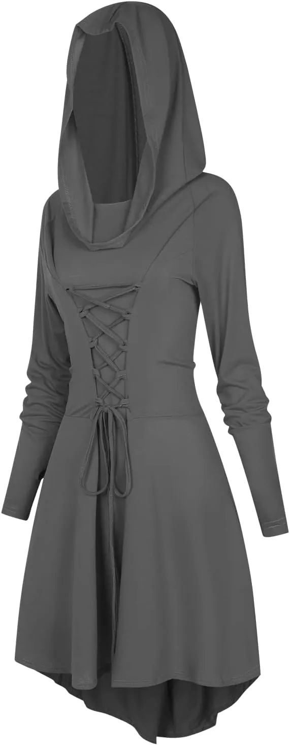 Womens Renaissance Costumes Hooded Robe Lace Up Renaissance Dress Women Halloween Vintage Medieval Cloak