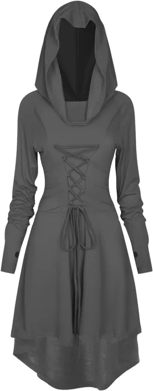 Womens Renaissance Costumes Hooded Robe Lace Up Renaissance Dress Women Halloween Vintage Medieval Cloak