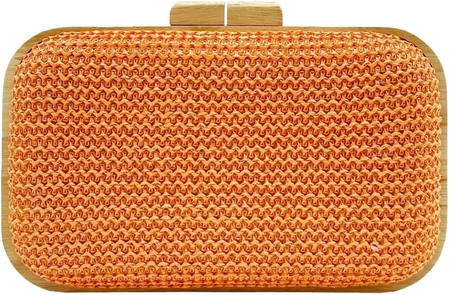 Wooden Clutch Purse for Women Straw Woven Evening Bag 2025 Bright Color Straw Handbag Chain Shoulder Bag for Party Prom