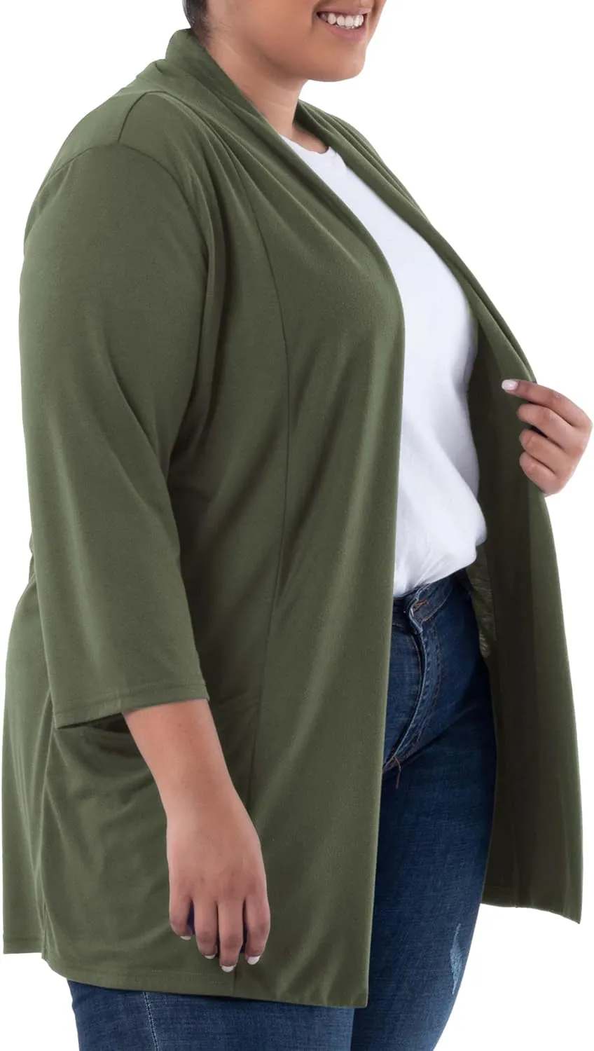 Wright's womens Plus Size 3/4" Sleeve Draped Open Front Jersey Pocket Cardigan