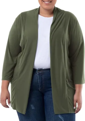 Wright's womens Plus Size 3/4" Sleeve Draped Open Front Jersey Pocket Cardigan