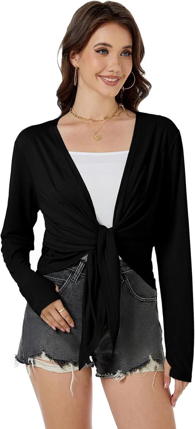 Yekaty Women's Summer Front Tie Cardigan Coveups Shrug Long Sleeve Lightweight Short Shawl Tops
