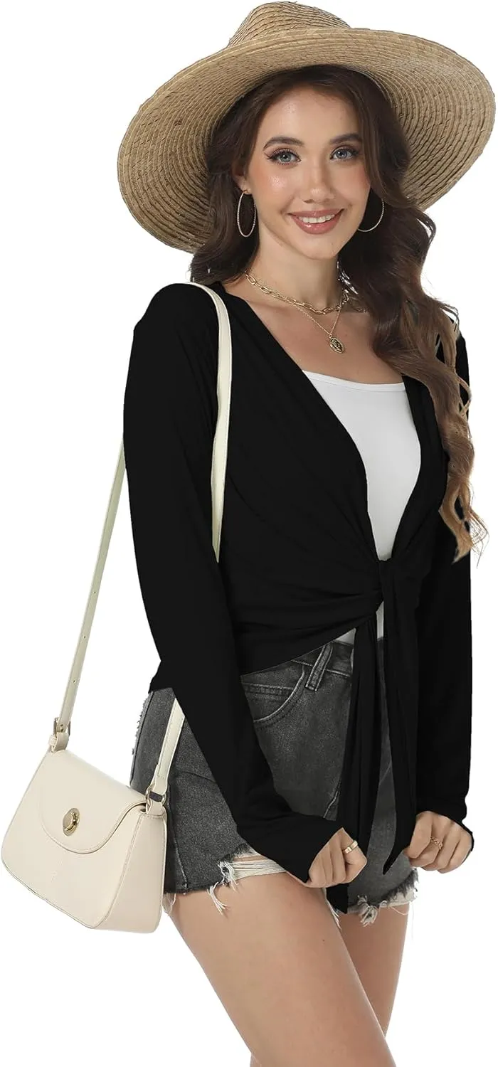 Yekaty Women's Summer Front Tie Cardigan Coveups Shrug Long Sleeve Lightweight Short Shawl Tops
