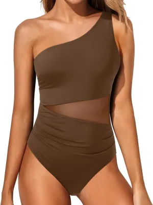 Yonique Women One Piece One Shoulder Swimsuit Mesh Bathing Suit Tummy Control Swimwear