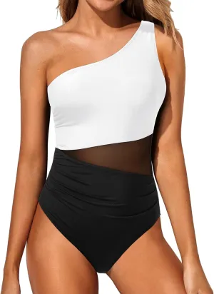 Yonique Women One Piece One Shoulder Swimsuit Mesh Bathing Suit Tummy Control Swimwear