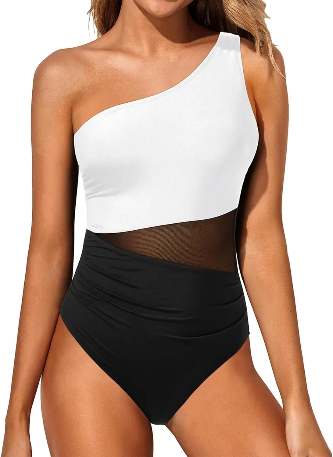 Yonique Women One Piece One Shoulder Swimsuit Mesh Bathing Suit Tummy Control Swimwear