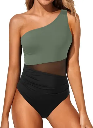 Yonique Women One Piece One Shoulder Swimsuit Mesh Bathing Suit Tummy Control Swimwear